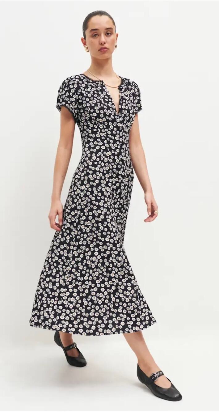 Reformation Midi Dress Raelynn Black Floral Button Front Short Sleeve size 0